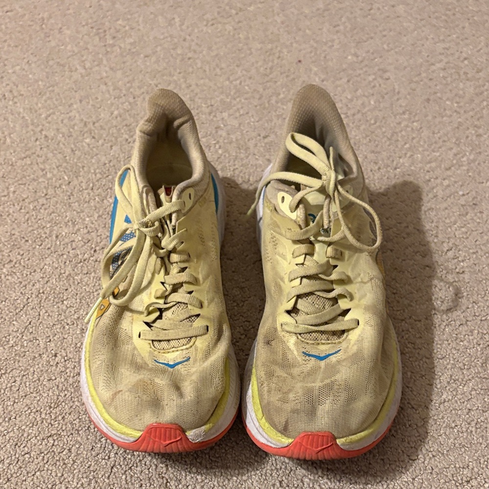 Hoka Light green with coral and teal accents running Shoes